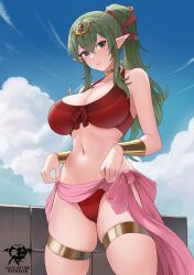 Rule 34 | 1girl, artist name, bikini, blue sky, breasts, cameltoe, cleavage, collarbone, fire emblem, fire emblem awakening, fire emblem heroes, front-tie bikini top, front-tie top, gold choker, green eyes, green hair, hair ornament, highres, jewelry, kaos art, large breasts, long hair, looking at viewer, navel, nintendo, official alternate costume, pink sarong, pointy ears, ponytail, red bikini, ribbon, sarong, sky, smile, solo, swimsuit, tiara, tiki (adult) (fire emblem), tiki (adult) (summer) (fire emblem), tiki (fire emblem)