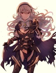 Rule 34 | 1girl, armor, armored leotard, black armor, black hairband, black leotard, breasts, cape, cleavage, closed mouth, corrin (female) (fire emblem), corrin (female) (nohr noble) (fire emblem), corrin (fire emblem), fire emblem, fire emblem fates, frilled shirt collar, frills, hairband, large breasts, leotard, long hair, nintendo, official alternate costume, pikapika hoppe, pointy ears, red eyes, simple background, solo, thighhighs, thighs, torn cape, torn clothes, white background, white hair