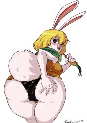 Rule 34 | 1girl, :3, animal ears, artist name, ass, ass grab, blonde hair, cameltoe, carrot (one piece), cleft of venus, furry, furry female, happy, highres, huge ass, looking back, one piece, panties, partially visible anus, partially visible vulva, rabbit ears, radlionheart, shiny skin, smile, solo, thong, transparent background, underwear