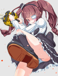Rule 34 | 1girl, black footwear, black hat, black skirt, blood, blush, boots, brown eyes, brown hair, chainsaw, evil grin, evil smile, eyepatch, frills, gluteal fold, gothic lolita, grey background, grin, hairband, hanazono yurine, hat, holding, jashin-chan dropkick, lolita fashion, long sleeves, looking at viewer, medical eyepatch, mini hat, panties, pantyshot, rabittofaa, ribbon-trimmed clothes, ribbon trim, shaded face, shirt, shoes, skirt, smile, solo, thighs, twintails, underwear, white panties, white shirt