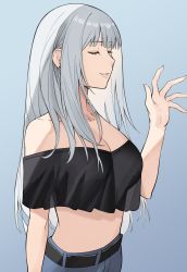 Rule 34 | 1girl, absurdres, ak-12 (girls&#039; frontline), alternate costume, arm up, bare shoulders, breasts, casual, cleavage, closed eyes, collarbone, crop top, defy (girls&#039; frontline), denim, earrings, feet out of frame, girls&#039; frontline, grey hair, highres, jeans, jewelry, kavni, blue background, long hair, medium breasts, navel, off-shoulder shirt, off shoulder, open mouth, pants, parted lips, shirt, solo, standing