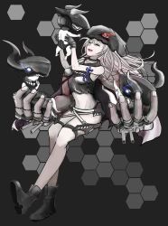 Rule 34 | 10s, 1girl, 3boys, abyssal ship, ankle boots, arm ribbon, black background, black shirt, blue ribbon, boots, choker, crop top, destroyer water oni, fingernails, glowing, glowing eyes, headwear request, helmet, hex grid, horns, kantai collection, laughing, lifting person, long hair, multiple boys, pale skin, pepii, pt imp group, ribbon, shirt, sitting, stitches, white hair