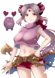 Rule 34 | 1girl, 3x3 eyes, \m/, animal print, ayanokouji pai, ayanokouji pai (cosplay), blush, breasts, clenched hand, closed mouth, commentary request, cosplay, cowboy shot, creature, crop top, demon horns, demon tail, glowing, glowing eyes, gradient hair, grey hair, highres, honey strap, horns, jyaco, large breasts, long hair, looking at viewer, medium bangs, midriff, multicolored hair, nanashi inc., navel, parvati iv, parvati iv (cosplay), pink hair, pink shirt, pointy ears, print cape, red horns, red shorts, shirt, shorts, sidelocks, simple background, sleeveless, sleeveless shirt, smile, solo, suou patra, tail, third eye, tiger print, transparent background, turtleneck, underboob, virtual youtuber, waist cape