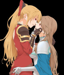 Rule 34 | 2girls, armor, black hair, bow, brown hair, cowboy shot, earrings, eye contact, from side, gloves, granblue fantasy, hair bow, hand on another&#039;s face, hand on another&#039;s neck, hands on another&#039;s hips, imminent kiss, jewelry, katalina (granblue fantasy), long hair, looking at another, miso-ha (ukyuu), multiple girls, ponytail, red bow, vira (granblue fantasy), yuri
