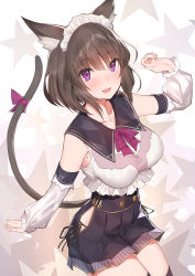 Rule 34 | 1girl, animal ears, armpit peek, black hair, black skirt, black thighhighs, blush, bow, breasts, cat ears, cat tail, collarbone, cowboy shot, detached sleeves, highres, hip vent, large breasts, looking at viewer, maid headdress, mole, mole on breast, neckerchief, original, panties, parted lips, puffy sleeves, purple eyes, sailor collar, short hair, side-tie panties, skirt, smile, solo, tail, tail bow, tail ornament, thighhighs, underwear, yaman