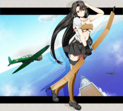 Rule 34 | 10s, 1girl, aircraft, airplane, archery, bandeau, black hair, blue sky, blush, bow (weapon), breasts, cloud, day, gloves, hand on head, highres, japanese clothes, kantai collection, kyuudou, large breasts, long hair, miniskirt, nakajima b5n, name connection, ocean, partially fingerless gloves, partly fingerless gloves, personification, pleated skirt, rrw (wrwrwr54), short sleeves, shouhou (aircraft carrier), shouhou (kancolle), skirt, sky, striped clothes, striped thighhighs, thighhighs, torpedo, vertical-striped clothes, vertical-striped thighhighs, weapon, wrwr, yugake, zettai ryouiki