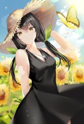 Rule 34 | 1girl, arm behind back, bad id, bad pixiv id, bare arms, bare shoulders, black dress, black hair, blue sky, blurry, blurry foreground, breasts, bug, butterfly, closed mouth, cloud, cloudy sky, collarbone, commentary request, day, dress, flower, frown, hair between eyes, hair ornament, hair ribbon, hat, highres, insect, jewelry, long hair, looking at viewer, low twintails, md5 mismatch, medium breasts, necklace, original, outdoors, ribbon, sky, sleeveless, sleeveless dress, solo, straw hat, sun hat, sunflower, twintails, yellow eyes, yellow flower, yuhi (hssh 6)
