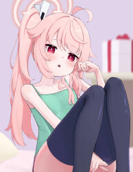 Rule 34 | 1girl, absurdres, ahoge, ass, black thighhighs, blue archive, blurry, blurry background, blush, box, camisole, collarbone, feet out of frame, gift, gift box, green camisole, halo, highres, long hair, natsu (blue archive), open mouth, pink hair, pink halo, red eyes, shiroiurushi, side ponytail, solo, thighhighs