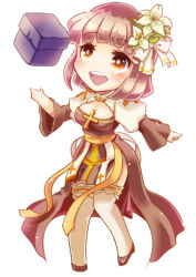 Rule 34 | 1girl, arch bishop (ragnarok online), black footwear, blush, bow, box, breasts, brown eyes, brown hair, chibi, cleavage, cleavage cutout, clothing cutout, commentary request, cross, dress, flower, frilled thighhighs, frills, full body, hair bow, hair flower, hair ornament, high heels, juliet sleeves, long sleeves, lowres, medium breasts, open mouth, puffy sleeves, ragnarok online, sash, short hair, simple background, sion (blackhorse), smile, solo, thighhighs, two-tone dress, white background, white bow, white dress, white flower, white thighhighs, yellow sash
