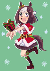 Rule 34 | 1girl, :d, absurdres, animal ears, back bow, black footwear, black skirt, boots, bow, braid, brown hair, capelet, christmas, commentary, crown braid, ear ribbon, frilled skirt, frills, fur-trimmed capelet, fur-trimmed jacket, fur cuffs, fur trim, gift, green background, highres, holding, holding gift, horse ears, horse girl, horse tail, jacket, leg up, looking at viewer, medium skirt, multicolored hair, open mouth, purple eyes, red capelet, red jacket, short hair, skirt, smile, snowflakes, solo, special week (umamusume), standing, standing on one leg, star (symbol), tail, two-tone hair, umamusume, wakku kan, white hair