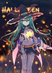 Rule 34 | 1girl, absurdres, belt, black skirt, bodysuit, breasts, cape, chain, commentary, commentary request, covered navel, date a live, gem, green eyes, green gemstone, green hair, hair between eyes, halloween, hand up, hat, highres, huge filesize, large breasts, long hair, looking at viewer, mo (pixiv9929995), natsumi (date a live), orange belt, see-through, skin tight, skirt, smile, solo, star (symbol), star print, starry background, very long hair, witch, witch hat