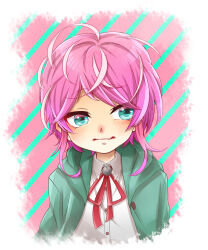 Rule 34 | 1boy, absurdres, amemura ramuda, blue eyes, blush, buttons, coat, green coat, highres, hypnosis mic, looking to the side, male focus, messy hair, osmtf61kr, pink hair, red ribbon, ribbon, shirt, sidelocks, striped, striped background, white shirt