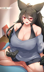 Rule 34 | 1girl, ahoge, animal ear fluff, animal ears, black hair, black sports bra, book, breasts, controller, fox ears, fox girl, fox tail, game controller, grey shirt, hair ornament, hairclip, highres, holding, holding controller, holding game controller, kanaya azami, large breasts, long hair, off-shoulder shirt, off shoulder, open mouth, red eyes, shirt, short eyebrows, sitting, solo, sports bra, tail, tylwing, ukagaka