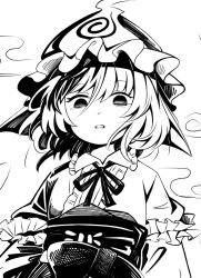 Rule 34 | 1girl, greyscale, hanokami, hat, high contrast, highres, long sleeves, looking at viewer, mob cap, monochrome, open mouth, saigyouji yuyuko, sash, short hair, simple background, solo, touhou, triangular headpiece, upper body