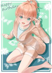 Rule 34 | 1girl, :d, absurdres, aqua eyes, blue shirt, blush, border, brown jacket, brown pants, collarbone, commentary request, crossed bangs, full body, green background, hair ornament, happy birthday, highres, hinoshita kaho, jacket, kobassy, link! like! love live!, looking at viewer, love live!, open clothes, open jacket, open mouth, orange hair, outside border, pants, ponytail, rabbit hair ornament, shirt, short hair, sidelocks, sitting, smile, solo, t-shirt, virtual youtuber, white border, yokozuwari