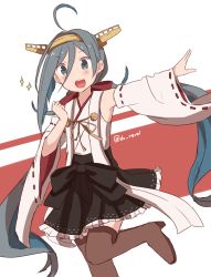 Rule 34 | 1girl, :d, ahoge, artist name, blue hair, blush, boots, brown skirt, brown thighhighs, commentary request, cosplay, detached sleeves, grey eyes, grey hair, hair between eyes, hairband, highres, kantai collection, kiyoshimo (kancolle), kongou (kancolle), kongou (kancolle) (cosplay), leg up, long hair, low twintails, multicolored hair, nontraditional miko, open mouth, ribbon-trimmed sleeves, ribbon trim, riz (ravel dc), simple background, skirt, smile, solo, sparkle, thigh boots, thighhighs, twintails, very long hair