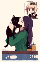 2girls absurdres alternate_hairstyle animal black_cat black_vest blonde_hair blue_eyes cat closed_eyes collared_shirt commentary counter dana_zane dated film_grain fore_(va-11_hall-a) from_side green_shirt highres holding holding_animal holding_cat jill_stingray jitome kiss kissing_animal long_hair medium_hair multiple_girls necktie one_eye_closed poster_(object) profile purple_hair red_eyes red_necktie rnna shirt sidelocks signature swept_bangs upper_body va-11_hall-a vest white_background