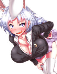 Rule 34 | 1girl, alternate costume, animal ears, bent over, blazer, blue eyes, blush, braid, breasts, cleavage, collarbone, commentary request, cosplay, crescent, highres, jacket, large breasts, long hair, long sleeves, open mouth, rabbit ears, reisen udongein inaba, reisen udongein inaba (cosplay), shirt, silver hair, skirt, solo, thighhighs, thighs, touhou, very long hair, wavy mouth, white thighhighs, wide-eyed, yagokoro eirin, zan (harukahime), zettai ryouiki