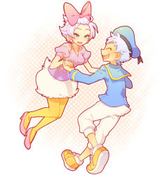Rule 34 | 1boy, 1girl, adapted costume, animification, beret, bow, bracelet, closed eyes, daisy duck, disney, donald duck, earrings, hair bow, hat, hetero, high heels, holding hands, jewelry, kiri futoshi, open mouth, pantyhose, personification, pink eyes, polka dot, sailor, shoes, smile, sneakers, white hair, yellow pantyhose