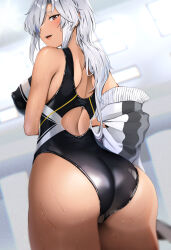 Rule 34 | 1girl, absurdres, ass, black one-piece swimsuit, blurry, blurry background, breasts, brown eyes, competition swimsuit, covered erect nipples, cowboy shot, dark-skinned female, dark skin, grey hair, highres, kantai collection, large breasts, long hair, looking at viewer, looking back, musashi (kancolle), musashi kai ni (kancolle), nail polish, one-piece swimsuit, open mouth, red eyes, smile, solo, sweatdrop, swimsuit, wet, yunamaro