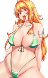 Rule 34 | 1girl, anisdrawn, bare arms, bare shoulders, bikini, breasts, commentary, curvy, earrings, green bikini, groin, highleg, highleg bikini, highres, jewelry, large breasts, long hair, looking at viewer, nami (one piece), navel, one piece, open mouth, orange eyes, orange hair, sexually suggestive, shiny skin, shoulder tattoo, solo, stomach, swimsuit, tattoo, thong, thong bikini, tongue, tongue out, upper body, very long hair, wide hips