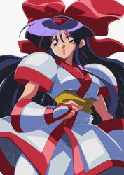 Rule 34 | 1990s (style), 1girl, ainu clothes, artist name, breasts, brown eyes, fingerless gloves, gloves, hair ribbon, highres, legs, long hair, medium breasts, nakoruru, open mouth, pants, purple hair, retro artstyle, ribbon, samurai spirits, smile, snk, solo, the king of fighters, thighs