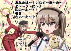Rule 34 | 2girls, :d, afterimage, beret, black gloves, black headwear, black ribbon, boko (girls und panzer), bow, bowtie, brown eyes, casual, closed eyes, collared shirt, commentary, dress shirt, eighth note, formal, girls und panzer, gloves, hair ribbon, hat, high collar, highres, holding, holding instrument, holding microphone, holding stuffed toy, instrument, jacket, leaning forward, light brown hair, long hair, long sleeves, looking to the side, microphone, mother and daughter, motion lines, multiple girls, music, musical note, neck ribbon, omachi (slabco), one side up, open mouth, playing instrument, red jacket, red skirt, ribbon, shimada arisu, shimada chiyo, shirt, singing, skirt, skirt suit, smile, stuffed animal, stuffed toy, suit, suspender skirt, suspenders, tambourine, teddy bear, tilted headwear, traditional bowtie, translated, white shirt