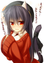 Rule 34 | 1girl, absurdres, animal ears, black hair, blush, breasts, cat ears, cat girl, cat tail, embarrassed, female focus, hat, highres, large breasts, long hair, looking at viewer, mia flatpaddy, orange eyes, original, red eyes, ribbon, simple background, solo, sweater, syroh, tail, tail ornament, tail ribbon, translation request, white background