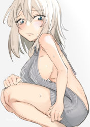 Rule 34 | 10s, 1girl, alternate costume, aran sweater, backless dress, backless outfit, bare back, blue eyes, blush, breasts, cable knit, closed mouth, commentary, dress, eyes visible through hair, from side, frown, girls und panzer, grey sweater, halterneck, highres, itsumi erika, long hair, looking at viewer, medium breasts, meme attire, naked sweater, ribbed sweater, saku (saku1151), sideboob, silver background, silver hair, solo, squatting, sweat, sweater, sweater dress, turtleneck, turtleneck sweater, twitter username, virgin killer sweater