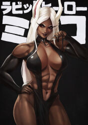 Rule 34 | 1girl, abs, absurdres, bare legs, biceps, black dress, black nails, black sleeves, boku no hero academia, breasts, brown lips, center opening, commentary, dark-skinned female, dark skin, detached sleeves, dress, english commentary, fingernails, furrowed brow, hand on own hip, highleg, highleg dress, highres, impossible clothes, impossible dress, large breasts, long eyelashes, long hair, makeup, mascara, mirko, monori rogue, navel, no bra, no panties, paid reward available, parted hair, pelvic curtain, plunging neckline, rabbit girl, rabbit tail, red eyes, revealing clothes, solo, tail, thick thighs, thighs, very long hair, white hair