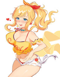 Rule 34 | 1girl, :d, bare shoulders, blonde hair, blue eyes, blush, breasts, cleavage, clothes writing, collarbone, commentary request, cowboy shot, crop top, denim, denim shorts, earrings, floating hair, genmon, hair ornament, hands on own stomach, heart, highres, huge breasts, idolmaster, idolmaster cinderella girls, jewelry, leaning forward, long hair, looking at viewer, nail polish, navel, necklace, ohtsuki yui, open fly, open mouth, orange nails, panties, ponytail, red panties, short shorts, short sleeves, shorts, smile, solo, stomach, thighs, underwear, wavy hair, white shorts