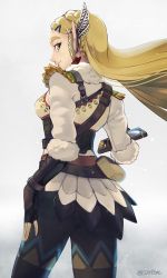 Rule 34 | alternate costume, ass, blonde hair, feathers, gloves, green eyes, long hair, looking at viewer, nintendo, otton, pants, pointy ears, princess zelda, smile, snowquill set (zelda), solo, the legend of zelda, the legend of zelda: breath of the wild, white background, winter clothes