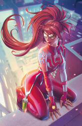Rule 34 | 1girl, alternate costume, anya corazon, arana (marvel), bandaged wrist, bandages, bodysuit, brown hair, character request, check character, cityscape, comic cover, detached sleeves, fingerless gloves, full body, gloves, goggles, highres, kneeling, long hair, long sleeves, marvel, official art, ponytail, r 1 c 0, rooftop, shoes, shoulder tattoo, signature, single bare shoulder, single detached sleeve, solo, spider-man (series), tattoo, vial, wind