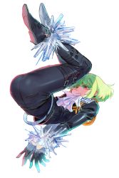 Rule 34 | 1boy, ankle cuffs, ascot, ass, bae (baebae), biker clothes, black gloves, bound, cuffs, earrings, gloves, green hair, half gloves, handcuffs, highres, jewelry, lio fotia, male focus, promare, purple eyes, red eyes, short hair, tied up (nonsexual), trap