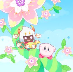 Rule 34 | blue eyes, blue sky, blush stickers, cloak, cloud, colored skin, day, dreamstalk, extra eyes, extra hands, fangs, flower, green cloak, happy, heterochromia, holding, holding watering can, horns, kae77p, kirby, kirby: triple deluxe, kirby (series), looking at viewer, nintendo, no humans, open mouth, outdoors, pink flower, pink skin, red footwear, red scarf, scarf, shoes, short hair, sky, smile, solid circle eyes, spider web print, standing, star (symbol), taranza, watering can, white eyes, white hair, yellow eyes, yellow horns