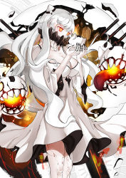 Rule 34 | 10s, 1girl, abyssal ship, black nails, breasts, cleavage, covering own mouth, dress, fingernails, horns, kakekcaboel, kantai collection, large breasts, long fingernails, long hair, machinery, midway princess, nail polish, pale skin, red eyes, veins, very long hair, white dress, white hair