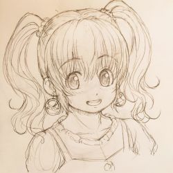 Rule 34 | 1girl, blush, earrings, graphite (medium), jewelry, looking at viewer, monochrome, nitroplus, open mouth, short hair, smile, solo, super pochaco, traditional media, tsuji santa, twintails