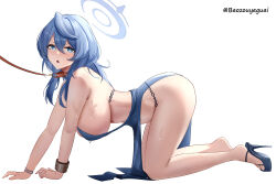 Rule 34 | 1girl, :o, absurdres, ako (blue archive), ako (dress) (blue archive), all fours, ass, baozouyeguai, blue archive, blue eyes, blue footwear, blue halo, blush, bracelet, breasts, collar, dress, evening gown, full body, hair between eyes, halo, hanging breasts, high heels, highres, jewelry, large breasts, leash, medium hair, official alternate costume, red collar, shoes, sideboob, simple background, single handcuff, solo, sweat, thighs, twitter username, white background