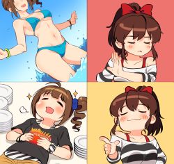 Rule 34 | 2girls, ahoge, bikini, black shirt, blue bikini, blue scrunchie, blue sky, bow, bracelet, clear sky, closed eyes, closed mouth, commentary, day, drakeposting (meme), drill hair, english commentary, frown, hair bow, hair ornament, hair scrunchie, idolmaster, idolmaster million live!, jewelry, kamille (vcx68), lying, medium hair, meme, multiple girls, navel, off-shoulder shirt, off shoulder, on back, open mouth, outdoors, plate, ponytail, print shirt, puffy cheeks, red bow, satake minako, scrunchie, shirt, short sleeves, side drill, side ponytail, sky, smile, standing, striped clothes, striped shirt, swimsuit, t-shirt, tank top, w arms, wading, water, white scrunchie, white shirt, wrist scrunchie, yokoyama nao