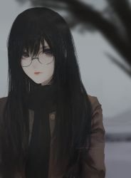 Rule 34 | 1girl, aoi ogata, artist name, black eyes, black hair, blurry, brown jacket, buttons, expressionless, eyelashes, glasses, hair between eyes, highres, jacket, lipstick, long hair, looking at viewer, makeup, original, pale skin, photo background, portrait, red lips, scarf, sign, solo, upper body