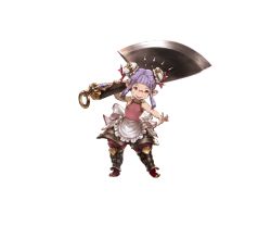 Rule 34 | 10s, 1girl, apron, axe, boots, double bun, elmelaura, full body, glasses, granblue fantasy, harvin, harvin, minaba hideo, official art, open mouth, pink eyes, pointy ears, purple hair, solo, transparent background, weapon