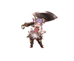 10s 1girl apron axe boots double_bun elmelaura female_focus full_body glasses granblue_fantasy hair_bun harvin minaba_hideo official_art open_mouth pink_eyes pointy_ears purple_hair solo transparent_background weapon