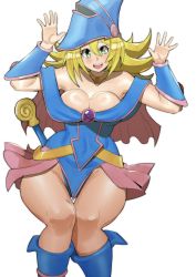 Rule 34 | absurdres, blonde hair, breasts, cleavage, dark magician girl, doublehero, green eyes, hat, highres, large breasts, looking at viewer, open mouth, staff, witch hat, yu-gi-oh!