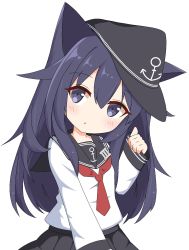 Rule 34 | 1girl, :o, akatsuki (kancolle), anchor symbol, animal ears, black hat, black sailor collar, black skirt, blush, cat ears, commentary request, flat cap, hair between eyes, hat, head tilt, highres, ichi (ichi.colors), kantai collection, kemonomimi mode, long hair, long sleeves, necktie, parted lips, pinching sleeves, pleated skirt, purple eyes, purple hair, red necktie, sailor collar, shirt, simple background, skirt, sleeves past wrists, solo, very long hair, white background, white shirt