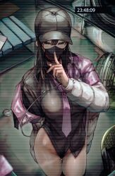Rule 34 | 1girl, absurdres, baseball cap, black eyes, black hair, black shirt, blue archive, breasts, collared shirt, earphones, finger to mouth, halo, hat, highres, jacket, jacket partially removed, large breasts, long hair, long sleeves, looking at viewer, mask, mouth mask, necktie, saori (blue archive), shirt, soleil (soleilmtfbwy03), solo, thigh gap, thighhighs, thighs