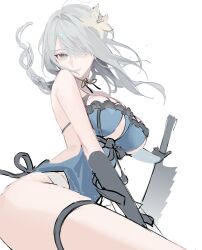 Rule 34 | 1girl, breasts, closed mouth, fei (songyijie), flower, gloves, grey eyes, grey hair, hair flower, hair ornament, hair over one eye, highres, holding, holding sword, holding weapon, jagged sword, kaine (nier), large breasts, lingerie, looking at viewer, lunar tear, negligee, nier, nier (series), simple background, sketch, solo, sword, thigh strap, underwear, weapon, white background, white flower