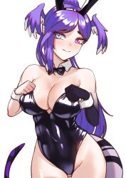 Rule 34 | 1girl, animal ears, black bow, black bowtie, blue eyes, blush, bow, bowtie, breasts, bunny day, cipher4109, cleavage, dragon girl, dragon tail, fake animal ears, head wings, heterochromia, high ponytail, highres, large breasts, leotard, long hair, looking at viewer, nijisanji, nijisanji en, playboy bunny, pointy ears, purple eyes, purple hair, rabbit ears, selen tatsuki, simple background, solo, tail, virtual youtuber, white background, wings
