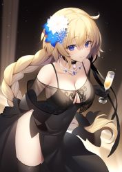 Rule 34 | 1girl, bare shoulders, black dress, black gloves, black thighhighs, blonde hair, blue eyes, braid, braided ponytail, breasts, champagne flute, choker, cleavage, cup, dress, drinking glass, fate/grand order, fate (series), flower, gloves, hair flower, hair ornament, highres, jeanne d&#039;arc (fate), jeanne d&#039;arc (formal dress) (fate), jewelry, leaning forward, looking at viewer, medium breasts, miko (royal milk), navel, necklace, see-through, skindentation, thighhighs