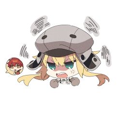 Rule 34 | 1boy, 1girl, agata720, anger vein, angry, artoria caster (fate), artoria caster (first ascension) (fate), artoria pendragon (fate), blonde hair, chibi, cropped torso, fate/grand order, fate (series), green eyes, grey headwear, hat, open mouth, red hair, senji muramasa (fate), shaded face, sharp teeth, simple background, spoken character, teeth, v-shaped eyebrows, white background, yellow eyes