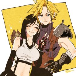 Rule 34 | 1boy, 1girl, armor, bare shoulders, black gloves, black hair, black skirt, blonde hair, blue eyes, blush, breasts, closed eyes, closed mouth, cloud strife, collarbone, crop top, elbow gloves, final fantasy, final fantasy vii, final fantasy vii remake, fingerless gloves, gloves, hand up, large breasts, long hair, looking at viewer, midriff, navel, open hand, red gloves, ribbed sweater, serieru (summertosuika), shoulder armor, signature, skirt, sleeveless, sleeveless turtleneck, smile, spiked hair, suspender skirt, suspenders, sweater, swept bangs, tank top, tifa lockhart, trembling, turtleneck, turtleneck sweater, upper body, v, white tank top